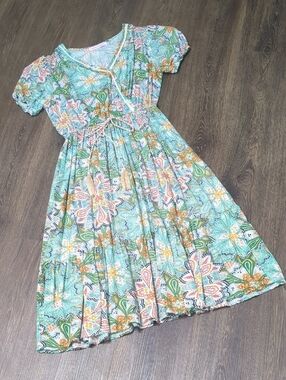 Aqua Floral Midi Dress with Tassel Tie and Puff Sleeves Size Medium